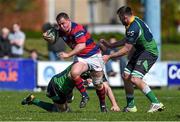 19 April 2014; Bryan Byrne, Clontarf, is tackled by James Simpson, supported by Michael Graham, Ballynahinch. Ulster Bank League Division 1A, Clontarf v Ballynahinch, Castle Avenue, Clontarf, Dublin. Picture credit: Ramsey Cardy / SPORTSFILE