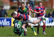 19 April 2014; Michael McGrath, Clontarf, is tackled by  Harry McAleese, Ballynahinch. Ulster Bank League Division 1A, Clontarf v Ballynahinch, Castle Avenue, Clontarf, Dublin. Picture credit: Ramsey Cardy / SPORTSFILE