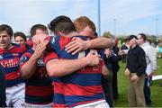 19 April 2014; Clontarf's Tom Byrne, left, and Michael McGrath celebrate after the match. Ulster Bank League Division 1A, Clontarf v Ballynahinch, Castle Avenue, Clontarf, Dublin. Picture credit: Ramsey Cardy / SPORTSFILE