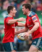 19 April 2014; Denis Hurley, Munster, right, is congratulated by team-mate Ian Keatley after scoring his side's third try. Celtic League 2013/14 Round 20, Connacht v Munster. The Sportsground, Galway. Picture credit: Diarmuid Greene / SPORTSFILE