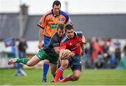 19 April 2014; Gerhard van den Heever, Munster, is tackled by Matt Healy, Connacht, as assistant referee Mark Patton looks on. Celtic League 2013/14 Round 20, Connacht v Munster. The Sportsground, Galway. Picture credit: Diarmuid Greene / SPORTSFILE
