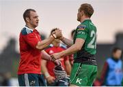19 April 2014; Johne Murphy, Munster, and Conor Gilsenan, Connacht, exchange a handshake after the game. Celtic League 2013/14 Round 20, Connacht v Munster. The Sportsground, Galway. Picture credit: Diarmuid Greene / SPORTSFILE