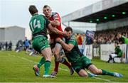 19 April 2014; Andrew Conway, Munster, is tackled by Matt Healy, left, and Robbie Henshaw, Connacht. Celtic League 2013/14 Round 20, Connacht v Munster. The Sportsground, Galway. Picture credit: Diarmuid Greene / SPORTSFILE