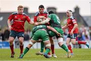19 April 2014; Paddy Butler, Munster, supported by team-mate John Ryan, is tackled by Mick Kearney, left, and Andrew Browne, Connacht. Celtic League 2013/14 Round 20, Connacht v Munster. The Sportsground, Galway. Picture credit: Diarmuid Greene / SPORTSFILE