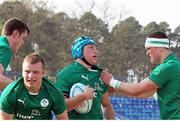 19 April 2014; William Connors, Ireland U18, is congratulated by team-mates James Ryan, left, John Molony and Andrew Porter, right, after scoring their side's second try of the game. FIRA U18 European Championship Final, Ireland v England, Wronki, Poland. Picture credit: Lukasz Grochala / SPORTSFILE