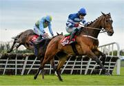 20 April 2014; Emperor Of Exmoor, with Mark Enright up, leads Tawseef, with Andrew McNamara up, over the last on their way to winning the The Irish Field Maiden Hurdle. Fairyhouse Easter Festival, Fairyhouse, Co. Meath. Picture credit: Ramsey Cardy / SPORTSFILE