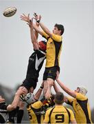 20 April 2014; Wes Carter, Kilkenny RFC, wins possession for his side in a lineout ahead of James Rooney, Ashbourne RFC. Provincial Towns Cup Final sponsored by Cleaning Contractors, Ashbourne RFC v Kilkenny RFC, Tullow RFC, Tullow, Co. Carlow. Picture credit: Matt Browne / SPORTSFILE