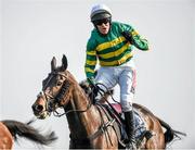 21 April 2014; Jockey Barry Geraghty celebrates on Shutthefrontdoor after winning the Boylesports Irish Grand National Steeplechase. Fairyhouse Easter Festival, Fairyhouse, Co. Meath. Picture credit: Barry Cregg / SPORTSFILE