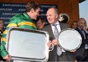 21 April 2014; Winning jockey Barry Geraghty, left, and winning trainer Jonjo O'Neill, after the Boylesports Irish Grand National Steeplechase. Fairyhouse Easter Festival, Fairyhouse, Co. Meath. Picture credit: Brendan Moran / SPORTSFILE