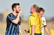 21 April 2014; Sean Byrne, Athlone Town, remonstrates with referee Graham Kelly before being sent off. Airtricity League Premier Division, Athlone Town v Dundalk, Athlone Town Stadium, Athlone, Co. Westmeath. Picture credit: David Maher / SPORTSFILE
