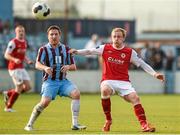 21 April 2014; Derek Foran, St Patrick's Athletic, in action against Philly Hughes, Drogheda United. Airtricity League Premier Division, Drogheda United v St Patrick's Athletic, United Park, Drogheda, Co. Louth. Photo by Sportsfile