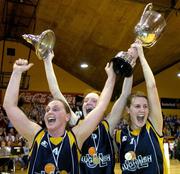 29 January 2006; UL Aughinish co-captains, from left, Michelle Aspell, Jillian Aherne and Dearbhla Breen lifts the cup after victory over Dart Killester. Superleague Women's Cup Final, UL Aughinish v DART Killester, National Basketball Arena, Tallaght, Dublin. Picture credit: Brendan Moran / SPORTSFILE