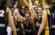 29 January 2006; UL Aughinish players, from left, Jillian Aherne, Michelle Aspell, Lisa Palmer (10) and Dearbhla Breen celebrate at the final whistle. Superleague Women's Cup Final, UL Aughinish v DART Killester, National Basketball Arena, Tallaght, Dublin. Picture credit: Brendan Moran / SPORTSFILE