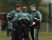 31 January 2006; Ireland Head Coach Eddie O'Sullivan speaks with Ronan O'Gara, left, and Brian O'Driscoll, right, during Ireland rugby squad training. Lansdowne Road, Dublin. Picture credit; Pat Murphy / SPORTSFILE