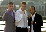 31 January 2006; John 'Thunderbolt' O'Brien, centre, Super Middleweight, Ciaran Healy, left, Light Middleweight, and Andrew Wallace, Feather weight, at the announcement of an upcoming boxing event, promoted by Showtime Promotions Inc., to be held at the Sheriff Youth Club, Dublin, on February 18th. Jury's Hotel, Custom House Quay, Dublin. Picture credit: Brian Lawless / SPORTSFILE