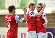 21 April 2014; Conan Byrne, right, St Patrick's Athletic, celebrates after scoring his side's third goal with team-mate Chris Forrester and Christy Fagan, left. Airtricity League Premier Division, Drogheda United v St Patrick's Athletic, United Park, Drogheda, Co. Louth. Photo by Sportsfile