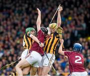 20 April 2014; Kilkenny's John Power catches the sliotar ahead of team-mate Mark Kelly and Galway's Ronan Burke, centre, and Johnny Coen, before turning and scoring his side's only goal. Allianz Hurling League Division 1 semi-final, Kilkenny v Galway, Gaelic Grounds, Limerick. Picture credit: Ray McManus / SPORTSFILE