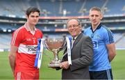 22 April 2014; In attendance at a photocall ahead of the Allianz Football League Divison 1 Final in Croke Park next weekend are, from left, Chrissy McKeigue, Derry, Donal Bollard, Allianz Ireland, and Eoghan O'Gara, Dublin. Croke Park, Dublin.  Picture credit: Brendan Moran / SPORTSFILE