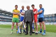 22 April 2014; In attendance at a photocall ahead of the Allianz Football League Divison 1 & 2 Finals in Croke Park next weekend are, from left, Patrick McBrearty, Donegal, Dick Clerkin, Monaghan, Donal Bollard, Allianz Ireland, Chrissy McKeigue, Derry and Eoghan O'Gara, Dublin. Croke Park, Dublin. Picture credit: Brendan Moran / SPORTSFILE