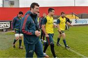 22 April 2014; Munster's Peter O'Mahony, along with team-mates, from left, Paddy Butler, Felix Jones, Keith Earls, Conor Murray and Duncan Casey, make their way out for squad training ahead of their Heineken Cup semi-final against Toulon on Sunday. Munster Rugby Squad Training, Musgrave Park, Cork. Picture credit: Diarmuid Greene / SPORTSFILE