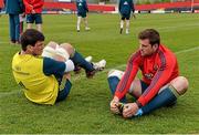 22 April 2014; Munster's Donncha O'Callaghan, left, and CJ Stander in conversation before squad training ahead of their Heineken Cup semi-final against Toulon on Sunday. Munster Rugby Squad Training, Musgrave Park, Cork. Picture credit: Diarmuid Greene / SPORTSFILE