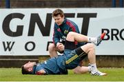 22 April 2014; Munster's JJ Hanrahan trains separate to team-mates with physio Colm Fuller during squad training ahead of their Heineken Cup semi-final against Toulon on Sunday. Munster Rugby Squad Training, Musgrave Park, Cork. Picture credit: Diarmuid Greene / SPORTSFILE