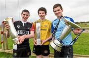 22 April 2014; Members of the U15 Cill Dara rugby club from left, Dylan Walshe, Michael John Prendergast and Darragh Pender, with the RaboDirect Pro 12 trophy, Amlin Cup and the British and Irish Cup, during the Leinster School of Excellence tour in Cill Dara Rugby Football Club, Co. Kildare. Picture credit: David Maher / SPORTSFILE