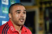 22 April 2014; Munster's Simon Zebo during a press conference ahead of their Heineken Cup semi-final against Toulon on Sunday. Munster Rugby Squad Training, Musgrave Park, Cork. Picture credit: Diarmuid Greene / SPORTSFILE