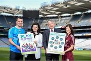 23 April 2014; In attendance during the launch of the Play My Boots Mental Health Pack are, from left, Cavan footballer Alan O'Mara, Audrey Cunningham, Chairperson of the Walk In My Shoes Committee, Ard Stiúrthóir of the GAA Páraic Duffy and Galway camogie player Deirdre Burke. Croke Park, Dublin. Picture credit: Ramsey Cardy / SPORTSFILE