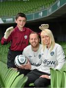 23 April 2014; FA Cup final bound Irish midfielder David Meyler and Irish women's goal scoring maestro, Stephanie Roche were in Aviva Stadium to launch the 2014 eFlow FAI Summer Soccer Schools programme. This year's camps are priced at €65 (€55 for additional siblings) continuing on from last year’s camps, which were more than a third off 2012's prices. They come with the same high standards of coaching and care delivered by Garda vetted FAI Qualified coaches as well as a brand new full kit, ball and back pack, all exclusive to the eFlow FAI Summer Soccer Schools! In addition, the first 5,000 online bookings will be eligible for a complimentary adult and child ticket to a senior international fixture at Aviva Stadium. The camps, which are the FAI’s largest grassroots programme, will be bigger and better in 2014, their 18th year. The number of camps have been extended to 330, across 26 counties nationwide. In attendance to launch the 2014 FAI Eflow Summer Soccer Schools programme are Republic of Ireland internationals David Meyler and Stephanie Roche with goalkeeper Cillian Prunty, age 12, from Raheny, Dublin. Aviva Stadium, Lansdowne Road, Dublin. Picture credit: Brendan Moran / SPORTSFILE
