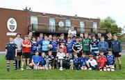 23 April 2014; School of Excellence participants with the British & Irish Cup, Almlin Cup and Celtic League trophies during the Leinster School of Excellence on tour in Wanderers RFC, Merrion Road, Ballsbridge, Dublin. Picture credit: Ramsey Cardy / SPORTSFILE