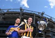 24 April 2014; In attendance at a photocall ahead of the Allianz Hurling League Divison 1 Final in in Semple Stadium on Sunday 4th May are Paddy Stapleton, left, Tipperary, and Eoin Larkin, Kilkenny, with the Division 1 trophy. Croke Park, Dublin.  Picture credit: Brendan Moran / SPORTSFILE