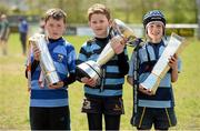 24 April 2014; Members of Navan RFC, from left, Fiachra Gill, Sam Delaney and Donagh McCarrick with the RaboDirect Pro 12 trophy, the Amlin Challenge Cup and the British and Irish Cup during the Leinster School of Excellence on tour in Navan RFC, Navan, Co. Meath. Picture credit: Stephen McCarthy / SPORTSFILE
