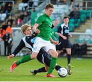 24 April 2014; George Kelly, Republic of Ireland U18 Schools, is fouled by James Yates, Scotland U18 Schools, resulting in a penalty for his side. Centenary Shield, Republic of Ireland U18 Schools v Scotland U18 Schools, Tallaght Stadium, Tallaght, Dublin. Picture credit: Tómas Greally / SPORTSFILE