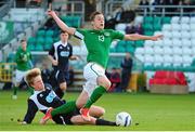 24 April 2014; George Kelly, Republic of Ireland U18 Schools, is fouled by James Yates, Scotland U18 Schools, resulting in a penalty for his side. Centenary Shield, Republic of Ireland U18 Schools v Scotland U18 Schools, Tallaght Stadium, Tallaght, Dublin. Picture credit: Tómas Greally / SPORTSFILE