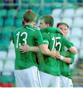 24 April 2014; Republic of Ireland U18 Schools' Ryan Manning, 15, celebrates with team-mates after scoring his side's first goal. Centenary Shield, Republic of Ireland U18 Schools v Scotland U18 Schools, Tallaght Stadium, Tallaght, Dublin. Picture credit: Tómas Greally / SPORTSFILE
