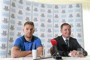 25 April 2014; Dublin manager Jim Gavin, right, and Jonny Cooper speaking during a press conference ahead of their side's Allianz Football League Division 1 Final against Derry on Sunday. Dublin Senior Football Team Press Conference, Gibson Hotel, Dublin. Picture credit: Ramsey Cardy / SPORTSFILE