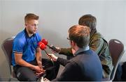 25 April 2014; Dublin senior footballer Jonny Cooper is interviewed for radio during a press conference ahead of their side's Allianz Football League Division 1 Final against Derry on Sunday. Dublin Senior Football Team Press Conference, Gibson Hotel, Dublin. Picture credit: Ramsey Cardy / SPORTSFILE