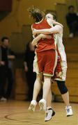 31 January 2006; Calasanctius players Claire Rockall and Nicola O'Connell (14) celebrate at the final whistle. Schools Basketball Cup Finals, Girls U16 A, Calasanctius Oranmore v St. Vincents, Cork, National Basketball Arena, Tallaght, Dublin. Picture credit: Brendan Moran / SPORTSFILE