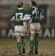 4 February 2006; Ireland's Suzanne Flemming, right, celebrates with team-mate Lynne Cantwell after scoring her sides fourth try. Women's Six Nations 2005-2006, Ireland v Spain, Donnybrook, Dublin. Picture credit; Brian Lawless / SPORTSFILE