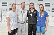 24 April 2014; Medallists in the Women's 50m Breaststroke Final, from left, Danielle Lowe, silver, Aer Lingus swimming club, Fiona Doyle, gold, Portmarnock swimming club, and Gemma Kane, bronze, Bangor swimming club, with Ray Kendal, Event Director, at the 2014 Irish Long Course National Championships. National Aquatic Centre, Abbotstown, Dublin. Picture credit: Brendan Moran / SPORTSFILE