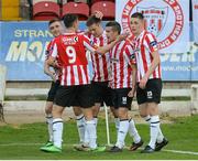 25 April 2014; Michael Duffy, Derry City, second from right, celebrates with team-mates, from left, Jon-Paul McGovern, Enda Curran, Patrick McEleney and Ryan Curran, after scoring their side's first goal . Airtricity League Premier Division, Derry City v UCD, Brandywell, Derry. Picture credit: Oliver McVeigh / SPORTSFILE