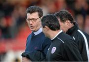 25 April 2014; Derry City manager Roddy Collins in conversation with UCD Manager Aaron Callaghan, right, and Derry City assistant manager Peter Hutton before the game. Airtricity League Premier Division, Derry City v UCD, Brandywell, Derry. Picture credit: Oliver McVeigh / SPORTSFILE