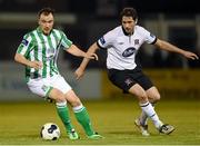 25 April 2014; Graham Kelly, Bray Wanderers, in action against Ruaidhri Higgins, Dundalk. Airtricity League Premier Division, Bray Wanderers v Dundalk. Carlisle Grounds, Bray, Co. Wicklow. Picture credit: Stephen McCarthy / SPORTSFILE
