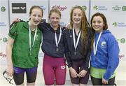 25 April 2014; Trojan swimming club who were Silver Medallists in the Women's 800m Freestyle Relay, from left, Lucy Grindle, Jasmine Cautley, Sorcha Gueret, and Mia Ivankovic, at the 2014 Irish Long Course National Championships. National Aquatic Centre, Abbotstown, Dublin. Photo by Sportsfile