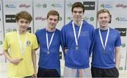 25 April 2014; Bangor swimming club who were Gold Medallists in the Men's 800m freestyle relay, from left, Jack McMillan, Jordan Sloan, Roger Dawson and James Doggart, at the 2014 Irish Long Course National Championships. National Aquatic Centre, Abbotstown, Dublin. Photo by Sportsfile
