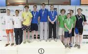 25 April 2014; Medallists in the Men's 800 meter Freestyle Relay, from left, Aer Lingus swimming club, silver, Bangor swimming club, gold, and Ennis swimming club, bronze, at the 2014 Irish Long Course National Championships. National Aquatic Centre, Abbotstown, Dublin. Photo by Sportsfile