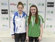 25 April 2014; Medallists in the Women's 50m Butterfly Shauna O'Brien, left, silver, UCD swimming club, and Bethy Firth, bronze, Ards swimming club, at the 2014 Irish Long Course National Championships. National Aquatic Centre, Abbotstown, Dublin. Photo by Sportsfile