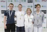 25 April 2014; Medallists in the Men's 400m Individual Medley, from left, James Brown, silver, Ards swimming club, Ben Griffin, gold, Aer Lingus swimming club, and Benjamin Doyle, bronze, Aer Lingus swimming club, with Anne McAdam, President of Swim Ireland, at the 2014 Irish Long Course National Championships. National Aquatic Centre, Abbotstown, Dublin. Photo by Sportsfile