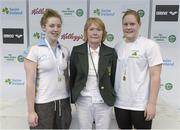 25 April 2014; Medallists in the Women's 400m Individual Medley, from left, Shani Stallard, silver, UCD swimming club, and Danielle Lowe, gold, Aer Lingus swimming club, with Anne McAdam, President of Swim Ireland, at the 2014 Irish Long Course National Championships. National Aquatic Centre, Abbotstown, Dublin. Photo by Sportsfile